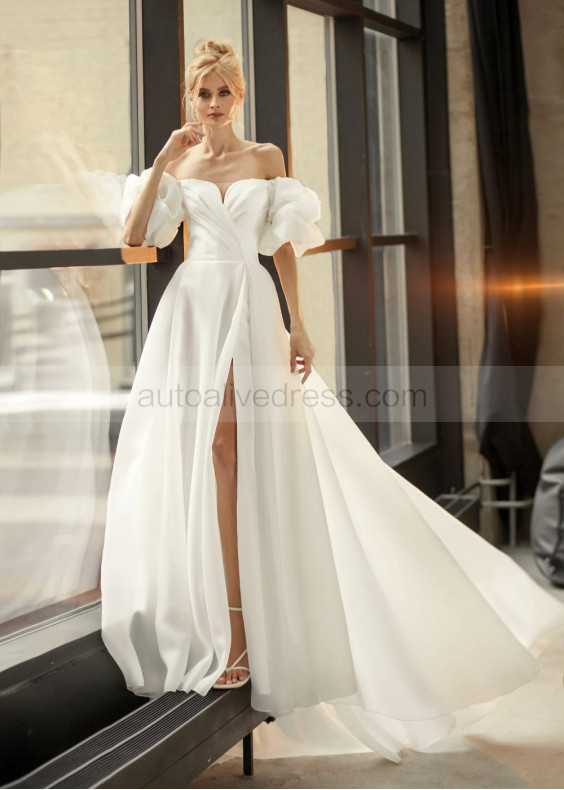 Sexy Ivory Organza Slit Wedding Dress With Detachable Sleeves